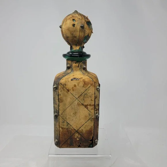 Vtg MCM Italian Hand-tooled Leather Decanter Embossed Studded Glass Perseus